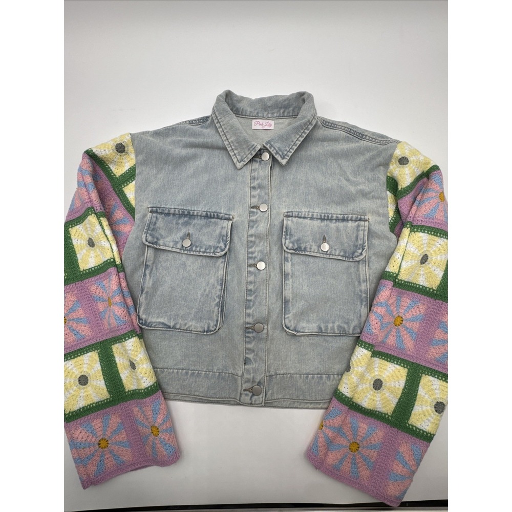Pink Lily Crochet Sleeve Denim Jacket Large Light Wash Floral Granny Square Boho
